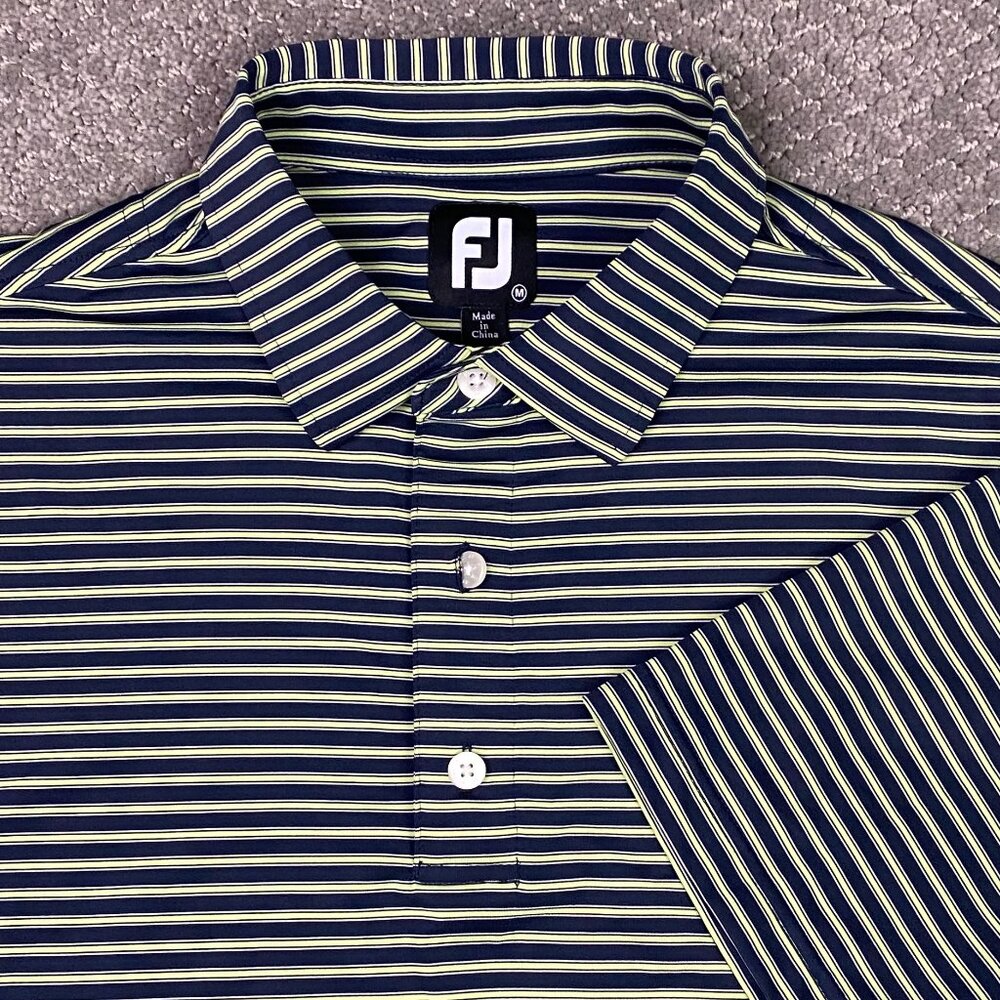 FootJoy Polo Shirt Men's Medium Navy Blue Lime Green Striped golf Performance